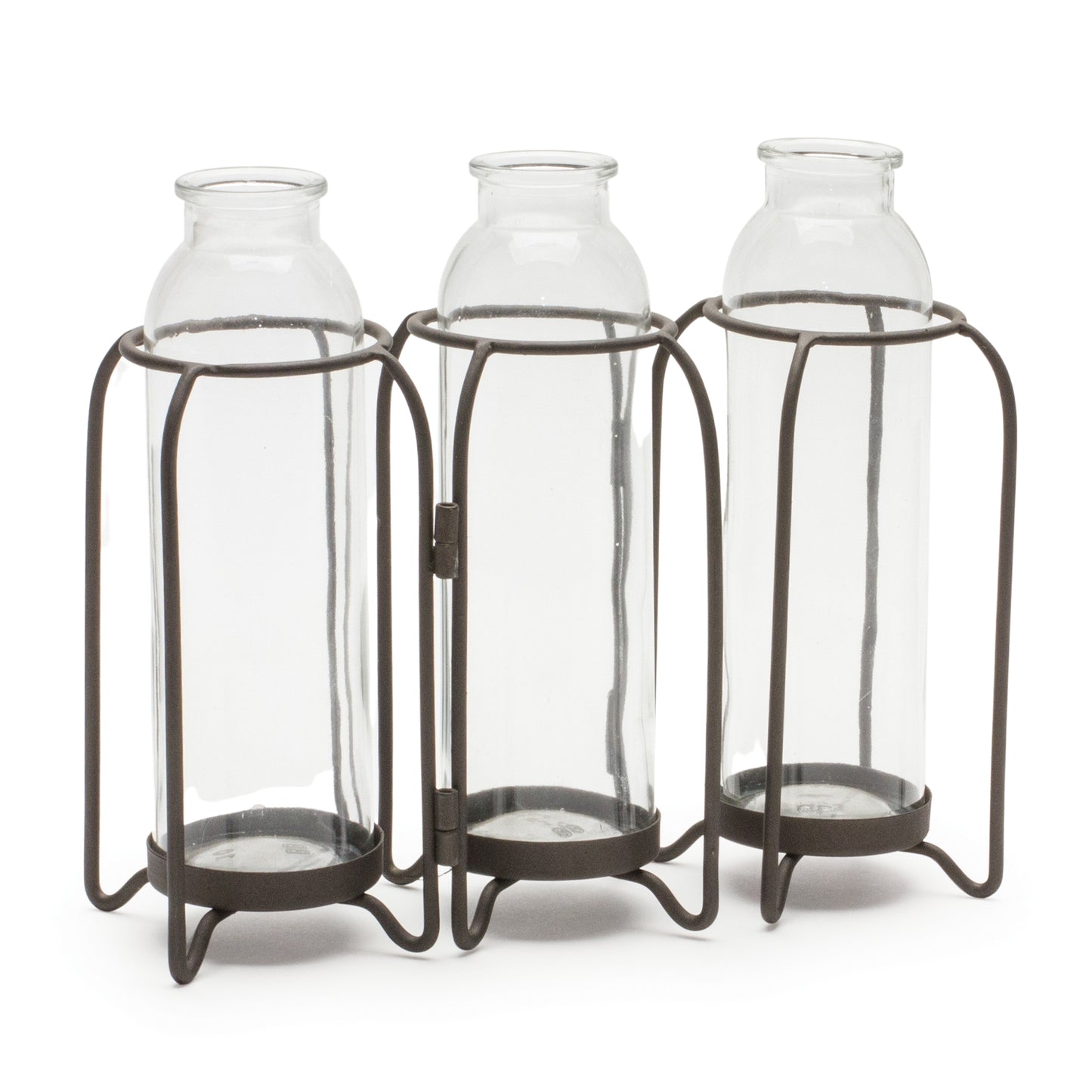 Triple Bottle Vase w/ Holder 9.25"L X 8.25"H Iron/Glass